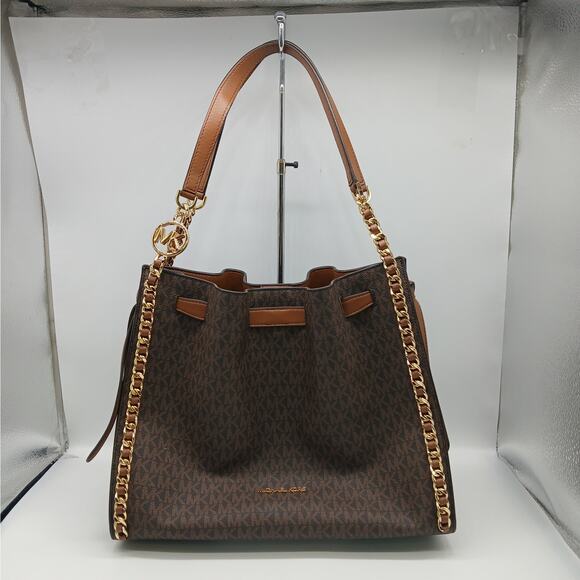 Michael Kors Large Mina Signature Logo Chain Shoulder Bag Handbag Teacher Brown - Picture 1 of 11